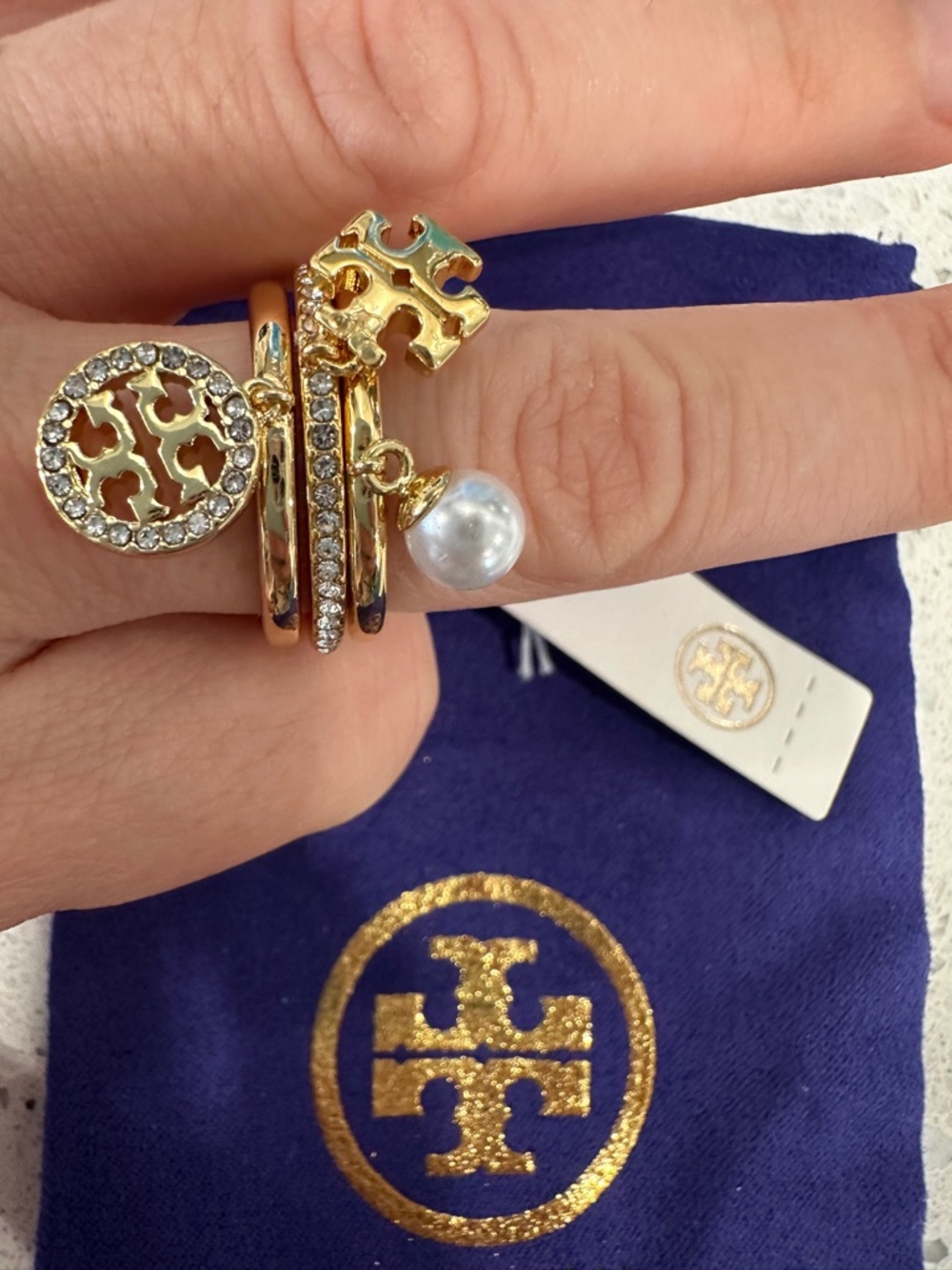 Tory Burch Gold Stacking Rings with Logo Charms and Pearl Accent Size 8